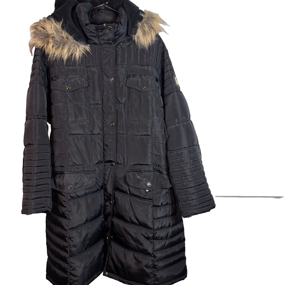 Rocawear Classic Black Long Puffer Coat women's 2X Winter Parka Faux Fur Hooded